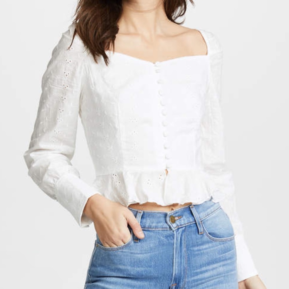 Lioness cotton white broderie eyelet fabric top w/ Ruffle trim + cuff sleeves